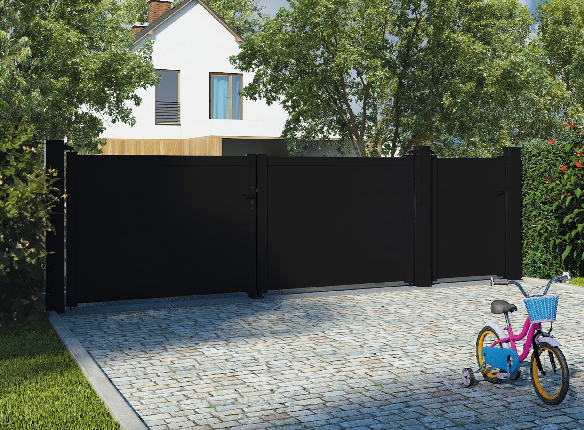 Klos up portail aluminium battant HEZO lames pleines 300 - Noir Sablé 2100S