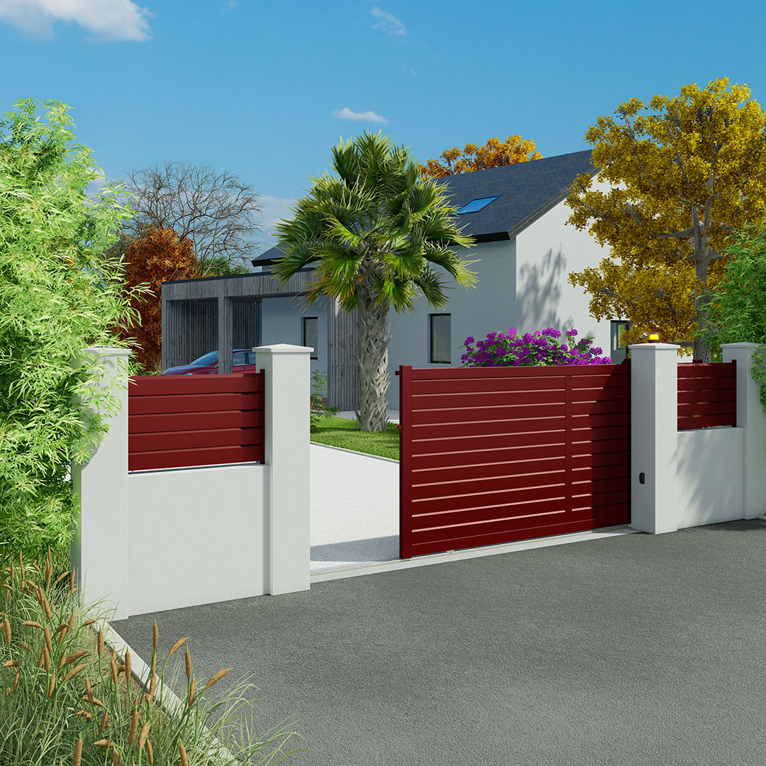 Portail coulissant persienné en aluminium ZEF – Rouge (RAL 3004)