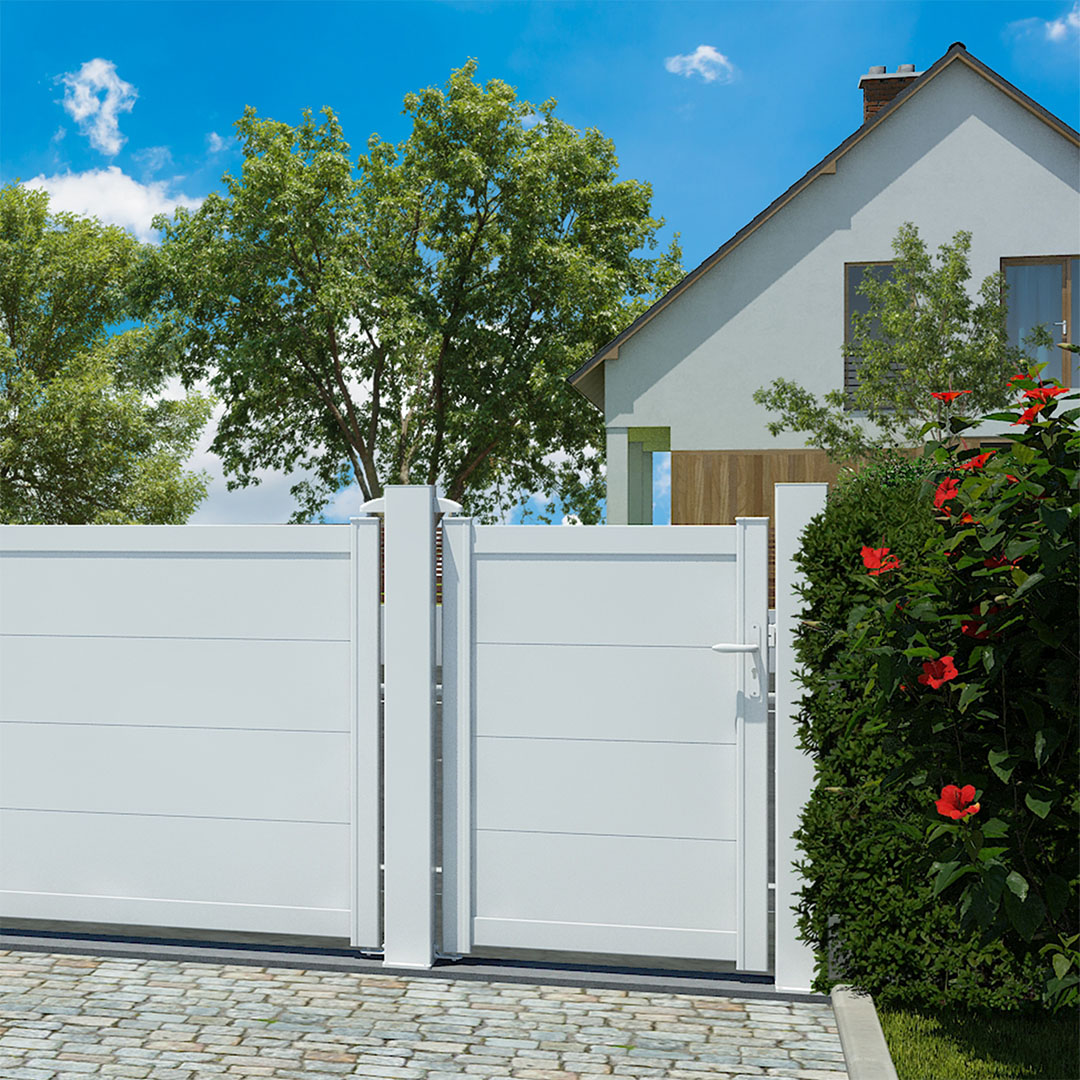 Portillon en aluminium HEZO, lames pleines 300mm - poussant droit - RAL9016